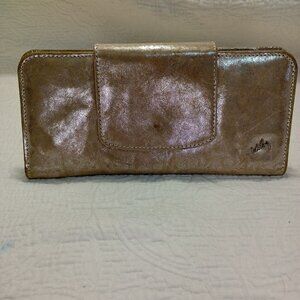Velez Gold Leather Wallet With Snap Closure & Zippered Compartment Womens